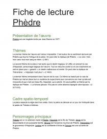 Fiche de lecture Phèdre, Racine, 1677 - Fiche de lecture - loicprnt